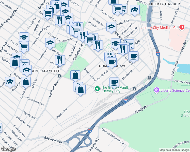 map of restaurants, bars, coffee shops, grocery stores, and more near 225 Pacific Avenue in Jersey City