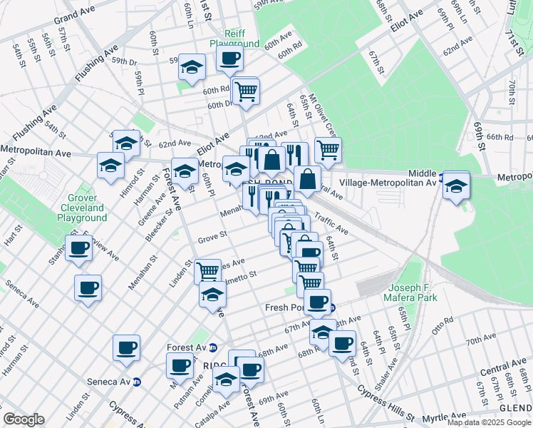 map of restaurants, bars, coffee shops, grocery stores, and more near 6348 Fresh Pond Road in Queens