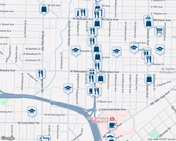 map of restaurants, bars, coffee shops, grocery stores, and more near 110 West Nebraska Avenue in Peoria