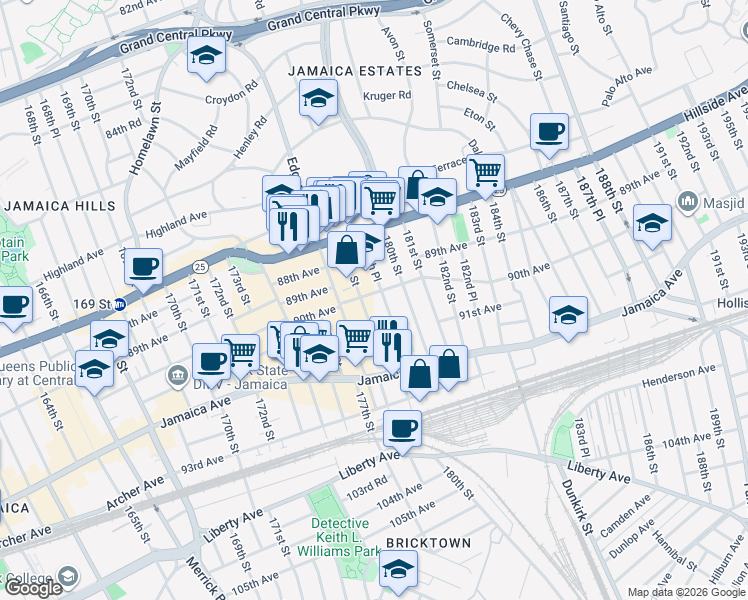 map of restaurants, bars, coffee shops, grocery stores, and more near 179-12 90th Avenue in Queens