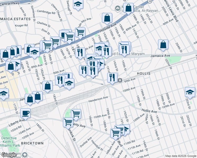 map of restaurants, bars, coffee shops, grocery stores, and more near 187-39 Hollis Avenue in Queens