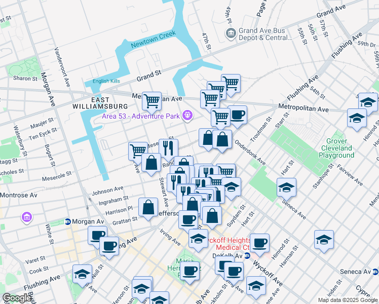 map of restaurants, bars, coffee shops, grocery stores, and more near 75 Scott Avenue in Brooklyn