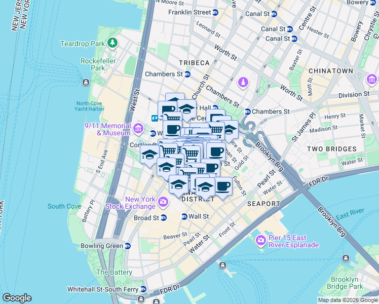 map of restaurants, bars, coffee shops, grocery stores, and more near 200 Broadway in New York
