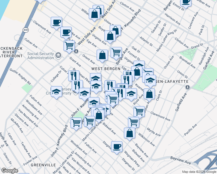 map of restaurants, bars, coffee shops, grocery stores, and more near 232 Bergen Avenue in Jersey City