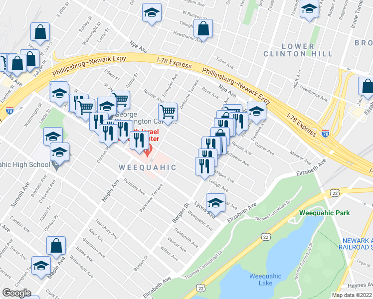 map of restaurants, bars, coffee shops, grocery stores, and more near 149 Mapes Avenue in Newark