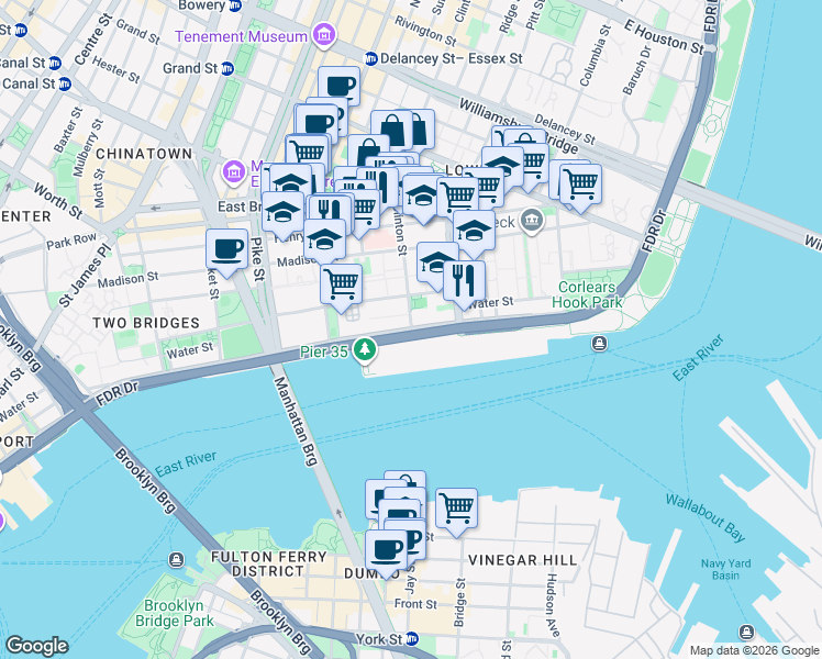 map of restaurants, bars, coffee shops, grocery stores, and more near 293 Clinton Street in New York