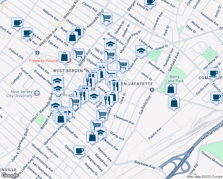 map of restaurants, bars, coffee shops, grocery stores, and more near 360 Martin Luther King Drive in Jersey City