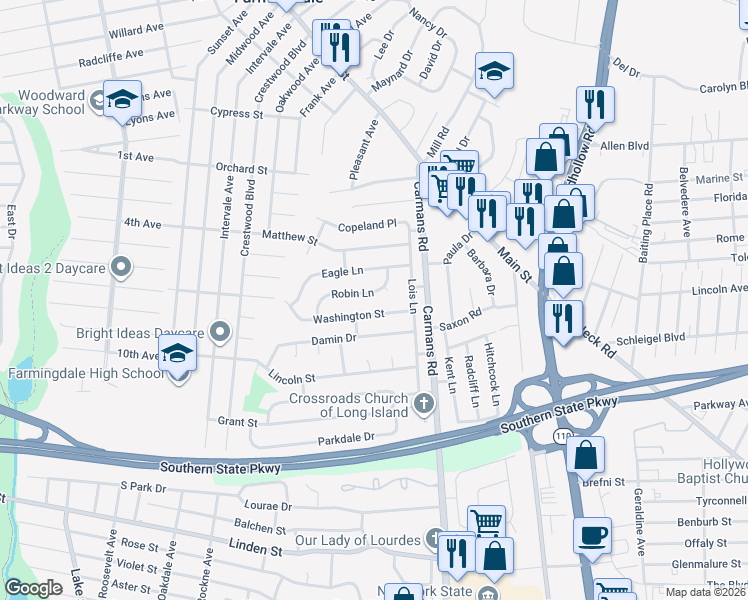map of restaurants, bars, coffee shops, grocery stores, and more near 110 Washington Street in South Farmingdale