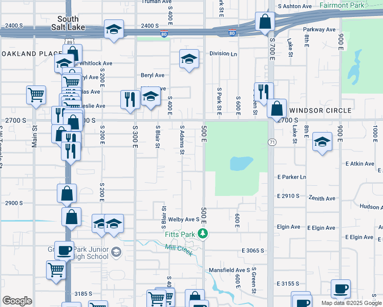 map of restaurants, bars, coffee shops, grocery stores, and more near 2816 500 East in South Salt Lake