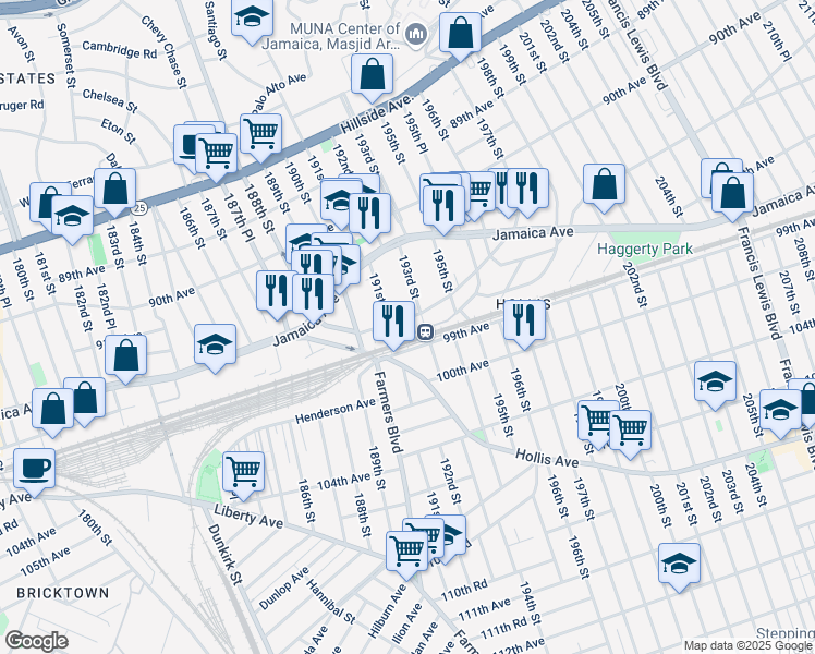 map of restaurants, bars, coffee shops, grocery stores, and more near 192 99th Avenue in Queens