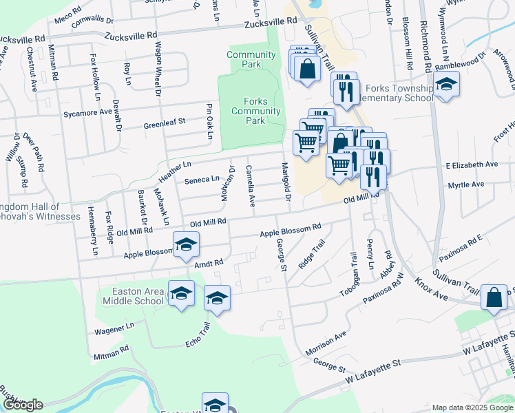 map of restaurants, bars, coffee shops, grocery stores, and more near 1407 Camelia Avenue in Easton