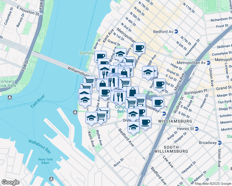 map of restaurants, bars, coffee shops, grocery stores, and more near 109 Broadway in Brooklyn