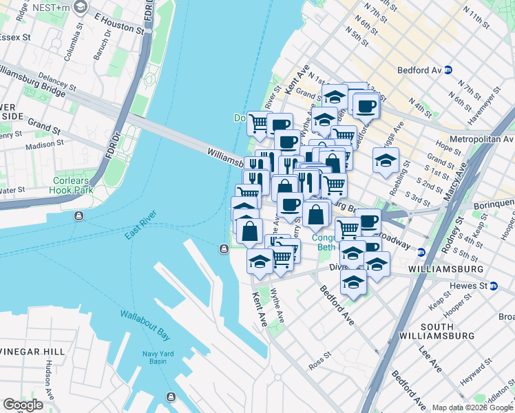 map of restaurants, bars, coffee shops, grocery stores, and more near 20 Broadway in Brooklyn