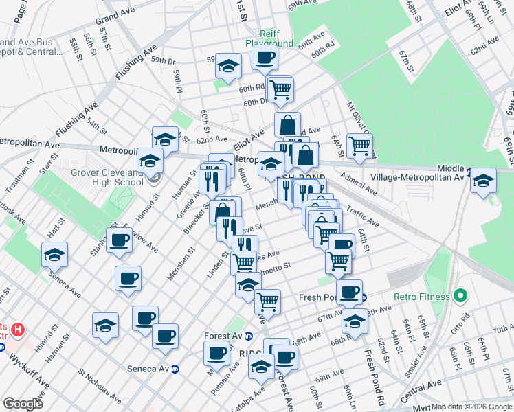 map of restaurants, bars, coffee shops, grocery stores, and more near 6353 60th Place in Queens