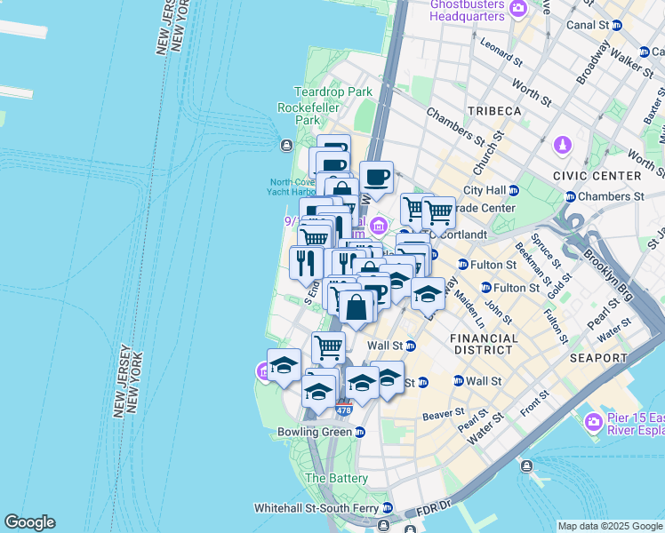 map of restaurants, bars, coffee shops, grocery stores, and more near 200 Liberty Street in New York