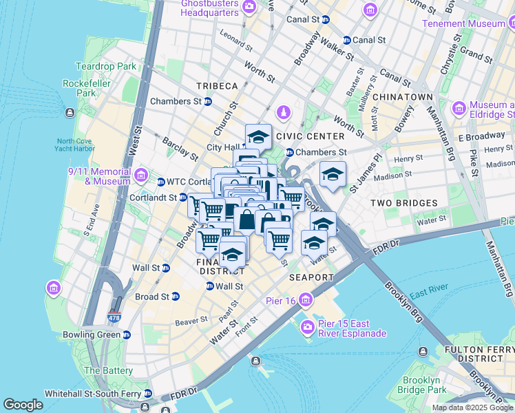 map of restaurants, bars, coffee shops, grocery stores, and more near 47 Beekman Street in New York