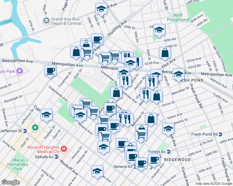 map of restaurants, bars, coffee shops, grocery stores, and more near 20-28 Himrod Street in Queens