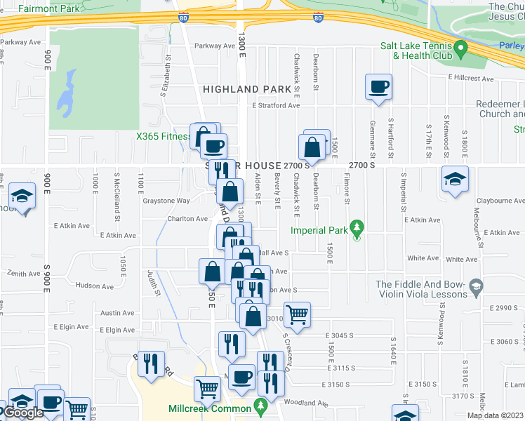 map of restaurants, bars, coffee shops, grocery stores, and more near 2789 Alden Street East in Salt Lake City