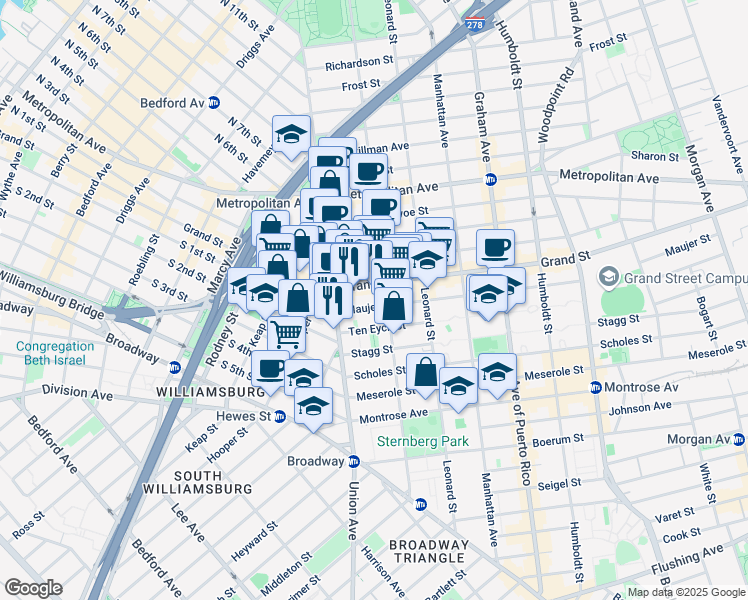 map of restaurants, bars, coffee shops, grocery stores, and more near 20 Maujer Street in Brooklyn