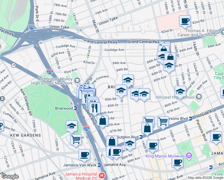 map of restaurants, bars, coffee shops, grocery stores, and more near 142-02 84th Drive in Queens