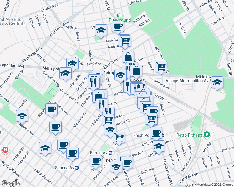 map of restaurants, bars, coffee shops, grocery stores, and more near 6353 60th Place in Queens