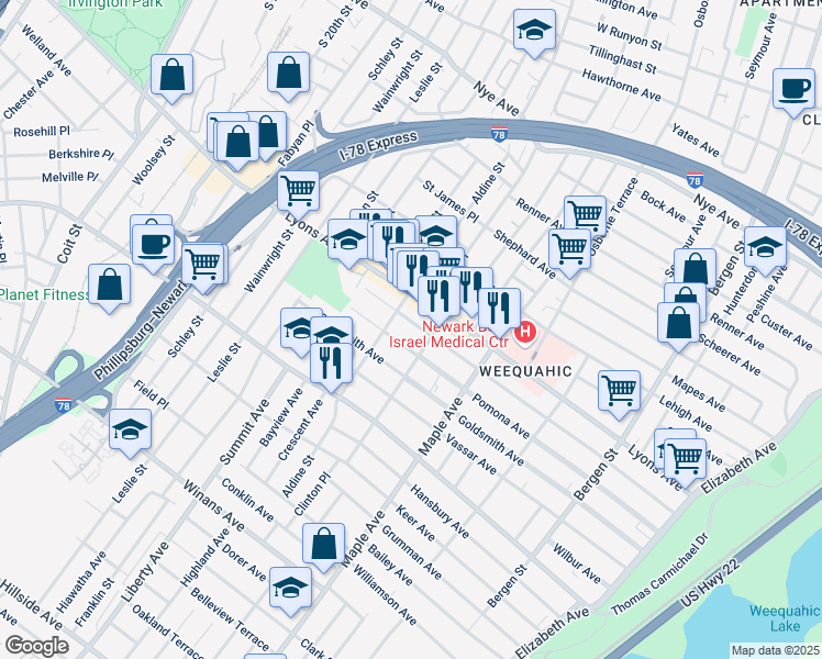 map of restaurants, bars, coffee shops, grocery stores, and more near 241 Pomona Avenue in Newark