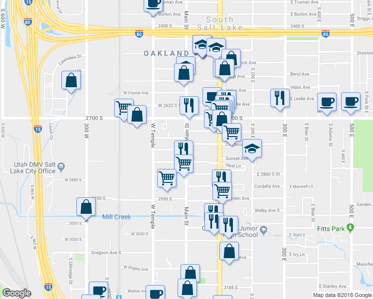 map of restaurants, bars, coffee shops, grocery stores, and more near Main Street in South Salt Lake