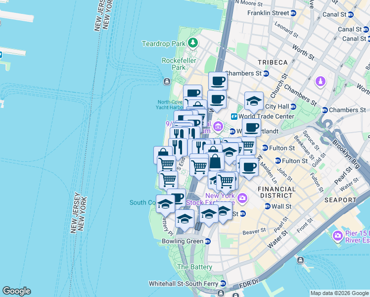 map of restaurants, bars, coffee shops, grocery stores, and more near South End Avenue in New York