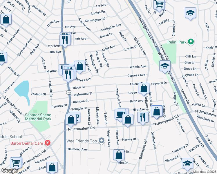 map of restaurants, bars, coffee shops, grocery stores, and more near 2644 Inglewood Street in East Meadow