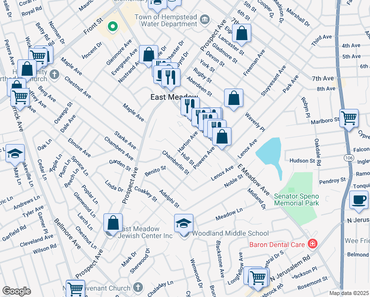 map of restaurants, bars, coffee shops, grocery stores, and more near 516 Hull Street in East Meadow