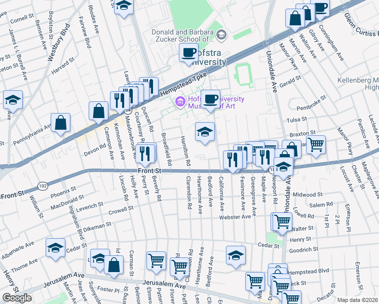 map of restaurants, bars, coffee shops, grocery stores, and more near 150 Hamilton Road in Hempstead