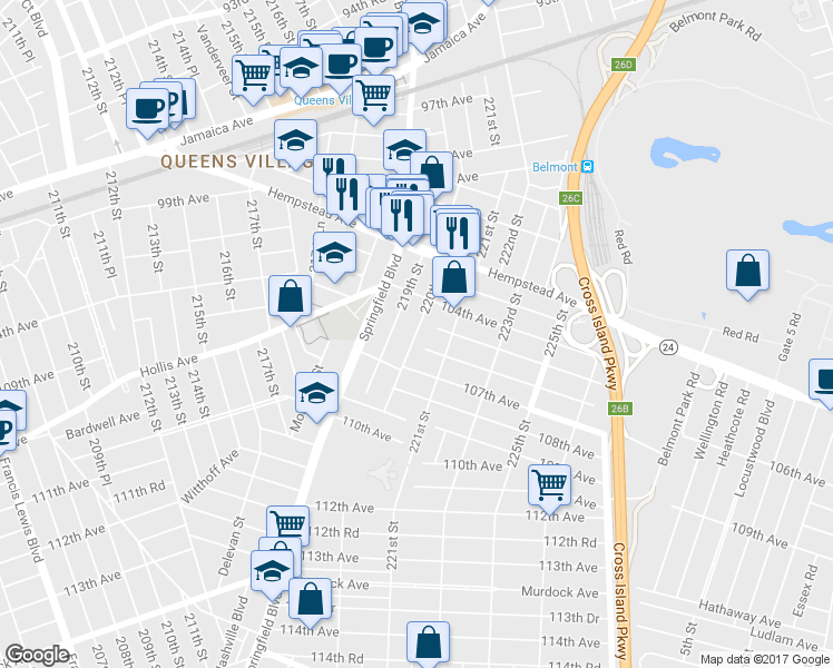 map of restaurants, bars, coffee shops, grocery stores, and more near 106-7 220th Street in Queens