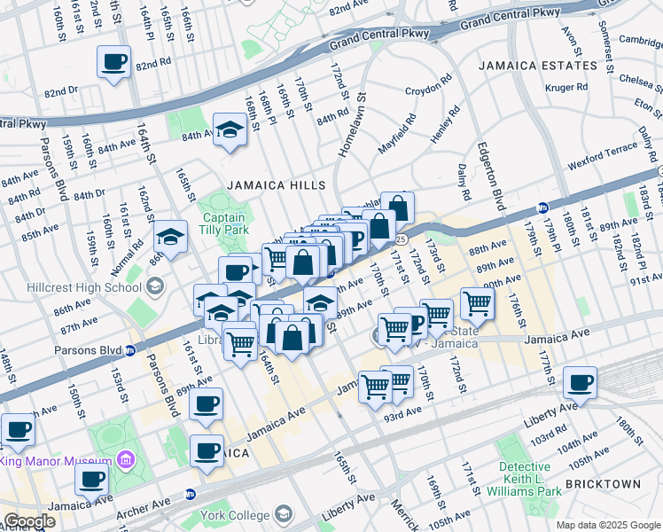 map of restaurants, bars, coffee shops, grocery stores, and more near 168-14 Hillside Avenue in Queens