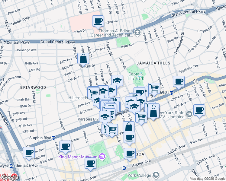 map of restaurants, bars, coffee shops, grocery stores, and more near 86-38 162nd Street in Queens