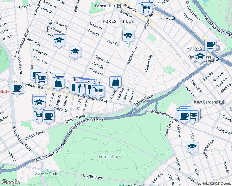 map of restaurants, bars, coffee shops, grocery stores, and more near 99-11 74th Avenue in Queens