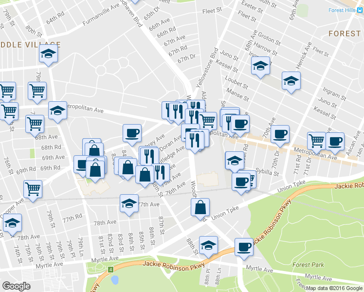 map of restaurants, bars, coffee shops, grocery stores, and more near 89-37 74th Avenue in Queens