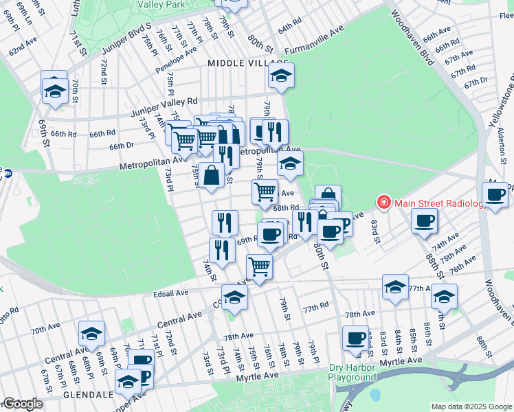 map of restaurants, bars, coffee shops, grocery stores, and more near 78-38 68th Road in Queens