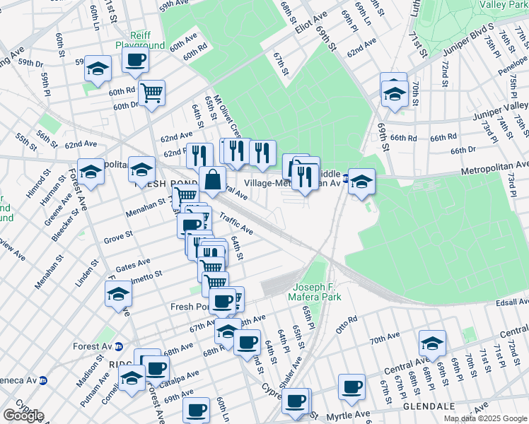 map of restaurants, bars, coffee shops, grocery stores, and more near 6617 Traffic Avenue in Queens