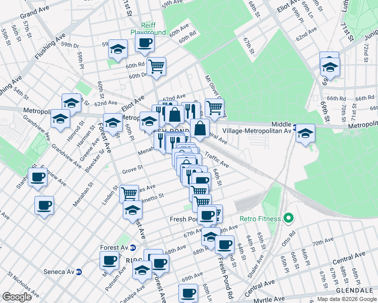 map of restaurants, bars, coffee shops, grocery stores, and more near 64-13 Fresh Pond Road in Queens
