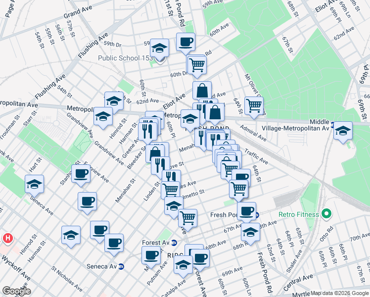 map of restaurants, bars, coffee shops, grocery stores, and more near 6353 60th Place in Queens