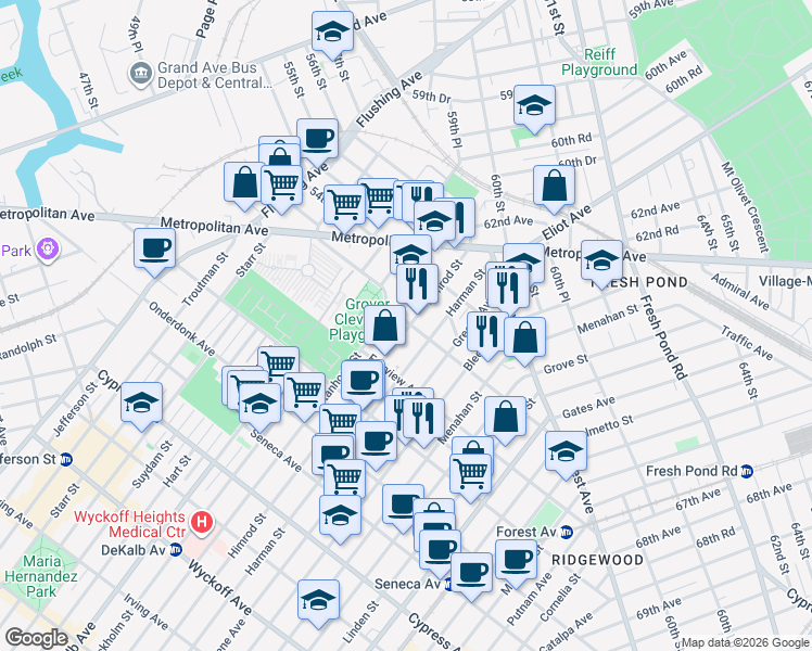 map of restaurants, bars, coffee shops, grocery stores, and more near 20-28 Himrod Street in Queens
