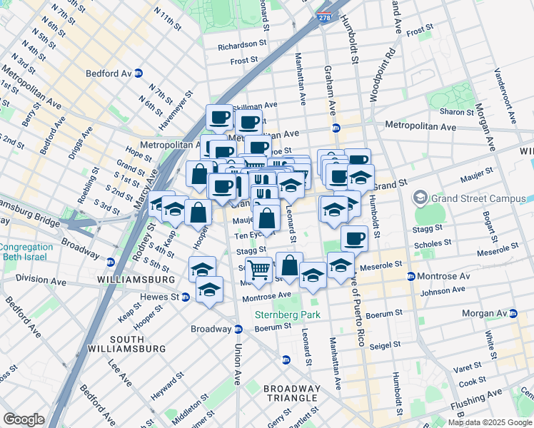 map of restaurants, bars, coffee shops, grocery stores, and more near 49 Ten Eyck Street in Brooklyn