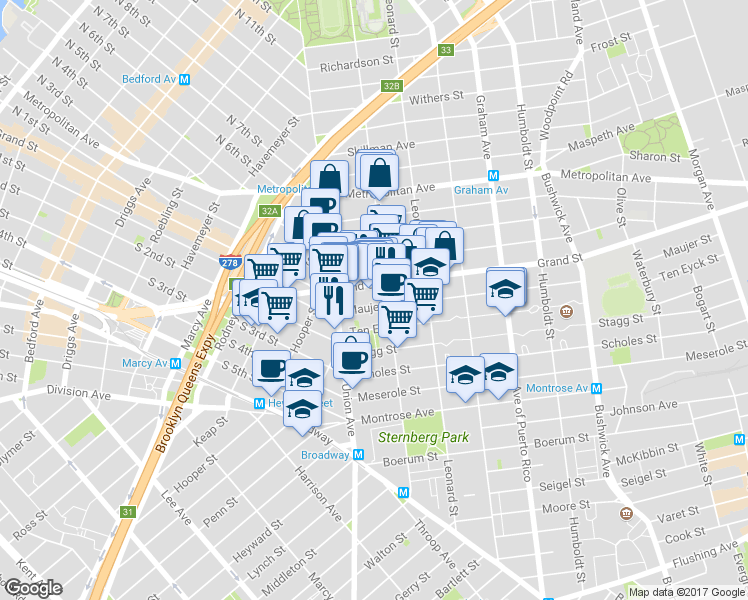 map of restaurants, bars, coffee shops, grocery stores, and more near 20 Maujer Street in Brooklyn