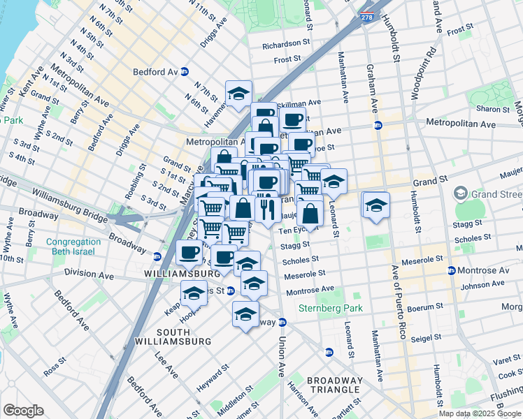 map of restaurants, bars, coffee shops, grocery stores, and more near 392 South 1st Street in Brooklyn
