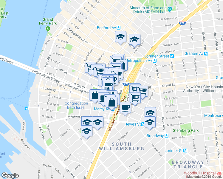 map of restaurants, bars, coffee shops, grocery stores, and more near 253 South 4th Street in Brooklyn