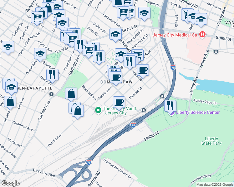 map of restaurants, bars, coffee shops, grocery stores, and more near 248 Whiton Street in Jersey City
