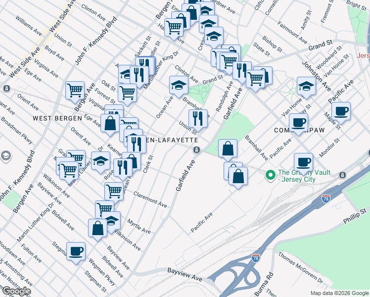 map of restaurants, bars, coffee shops, grocery stores, and more near in Jersey City