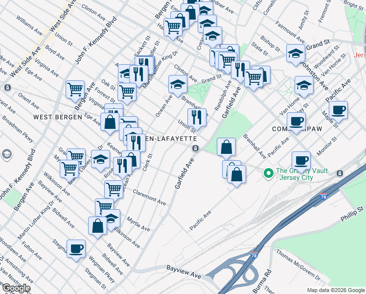 map of restaurants, bars, coffee shops, grocery stores, and more near in Jersey City