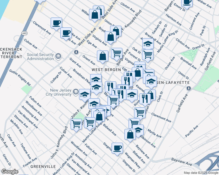 map of restaurants, bars, coffee shops, grocery stores, and more near 114 Grant Avenue in Jersey City