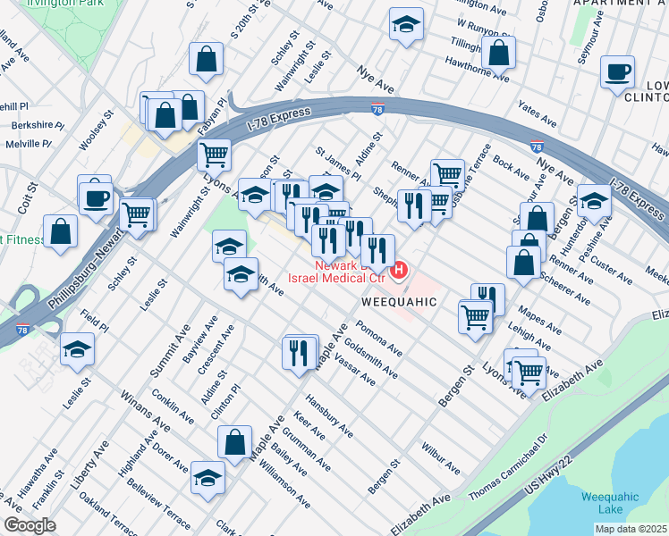 map of restaurants, bars, coffee shops, grocery stores, and more near 228 Weequahic Avenue in Newark